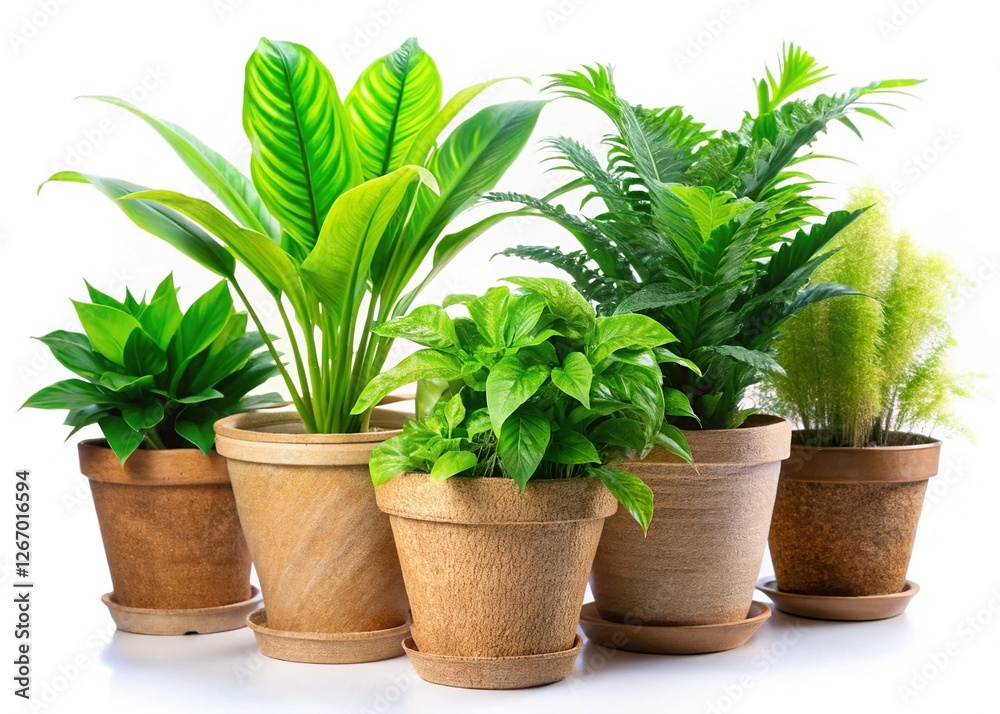 Fototapeta premium Eco-Friendly Biodegradable Fiber Pots with Lush Green Plants on White