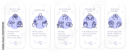 Psychological support Icon Set. A collection of 5 icons related to emotional well-being, psychological health, therapy, stress, addiction, mindfulness, anxiety, depression. Vector illustrations