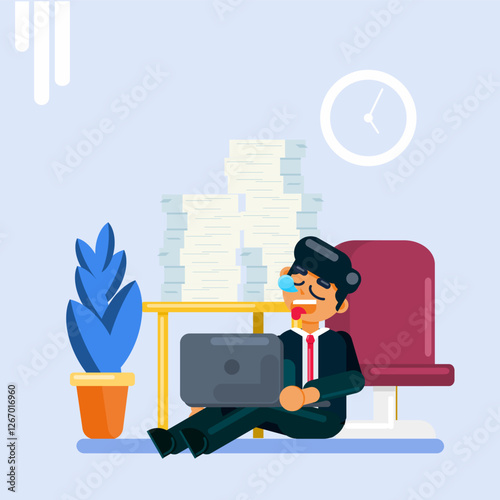 Overworked Businessman Slumping at Desk Flat Vector Illustration