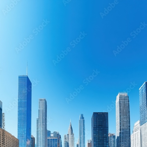 Urban skyline with clear blue sky backdrop.