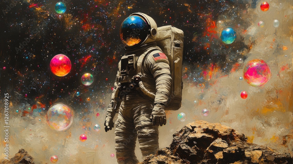 Fototapeta premium Astronaut exploring a colorful cosmic landscape filled with bubbles and distant celestial bodies