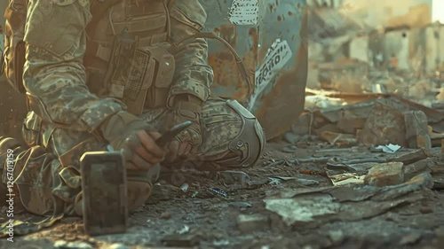 Soldier in tactical gear checks smartphone in war-torn environment during late afternoon