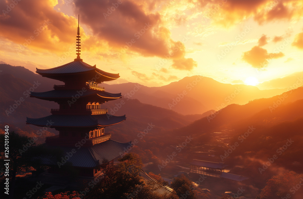 A beautiful Japanese temple nestled in the mountains at sunset 