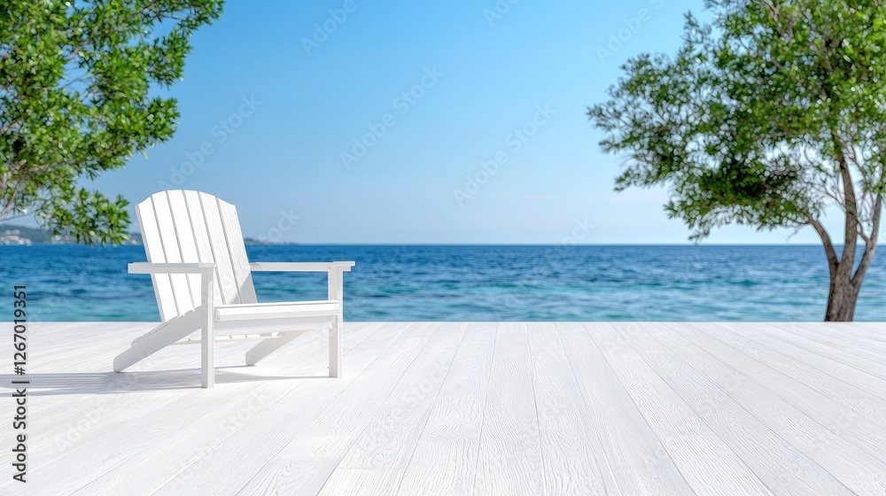 White chair on beach deck, ocean view, relaxation White chair on beach deck, ocean view, relaxation