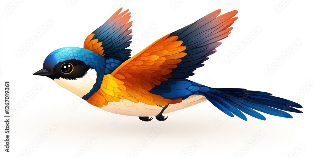 Obraz premium A swallow bird gracefully glides through the air, displaying its striking blue and orange feathers. This scene captures the essence of spring and nature's beauty
