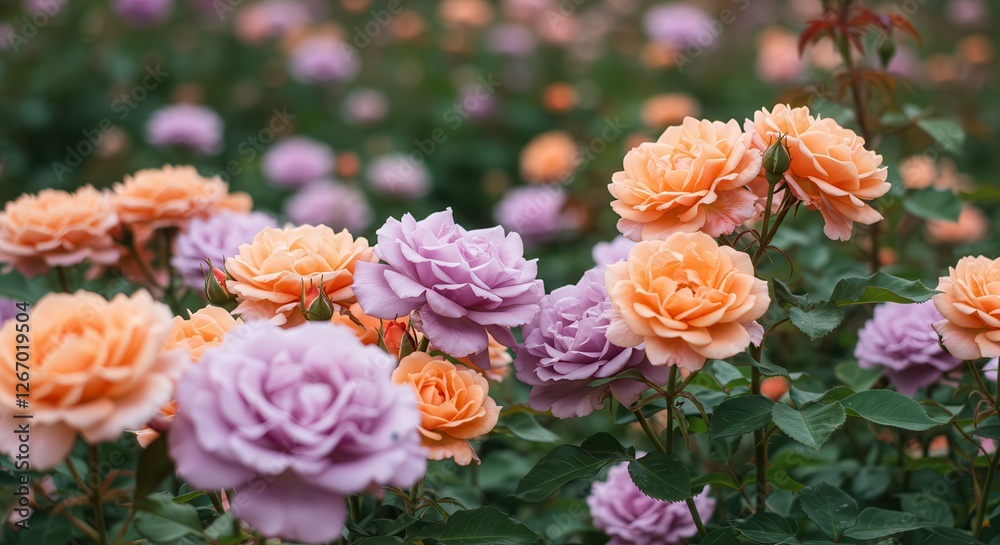 Blooming Roses Field with Peach and Lavender Flowers in Garden Setting Blooming Roses Field with Peach and Lavender Flowers in Garden Setting