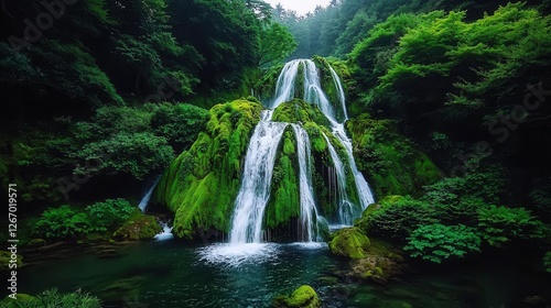 Majestic Waterfall Cascading Over Lush Greenery in Serene Forest Landscape