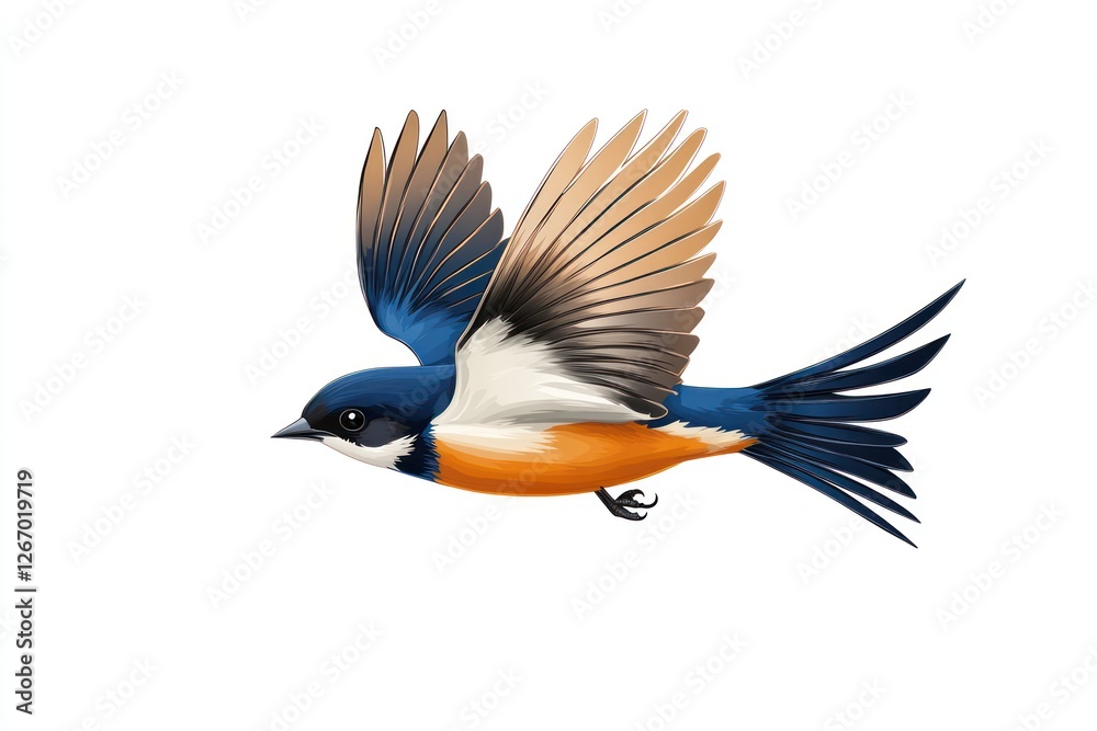 Naklejka premium A swallow bird glides through the air, showcasing its vibrant blue and orange plumage. This creature embodies the essence of spring and freedom in nature