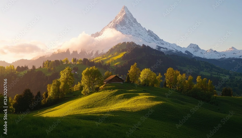 Fototapeta premium Mountain peak view at sunrise, Alpine meadow, house, idyllic landscape