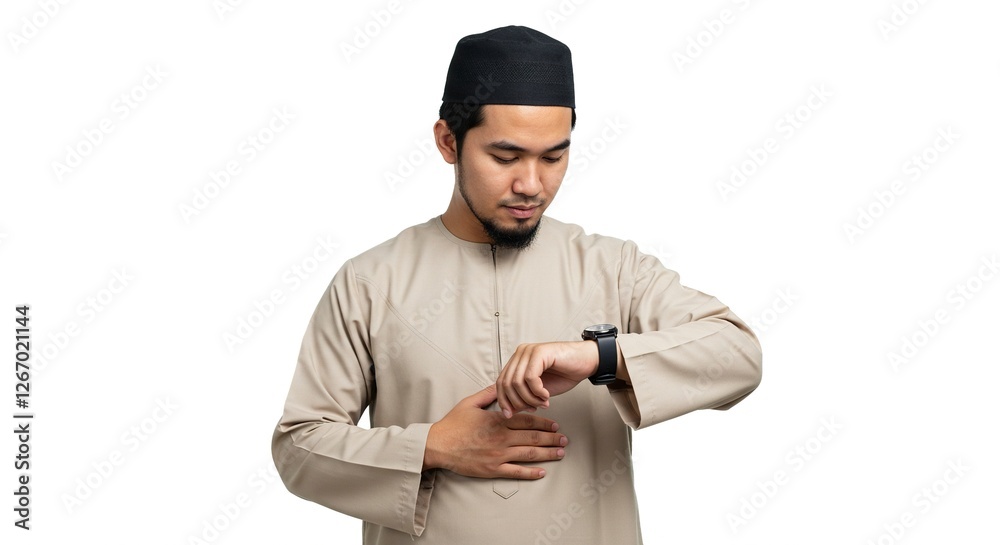 Man Checking Time Wearing Traditional Muslim Attire and Kufi Hat Man Checking Time Wearing Traditional Muslim Attire and Kufi Hat