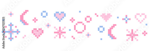 Pixel star sparkle cute retro 8 bit sparkle seamless border. Shiny pink game pixel art effect decoration. Firework burst, arrow, space decoration. 90s aesthetics, y2k 