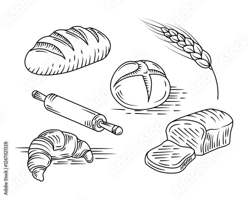 Bakery Vintage sketch. One line poster. Outline Bread, Cake, Croissant. Element for interior design and presentations. Vector illustration.