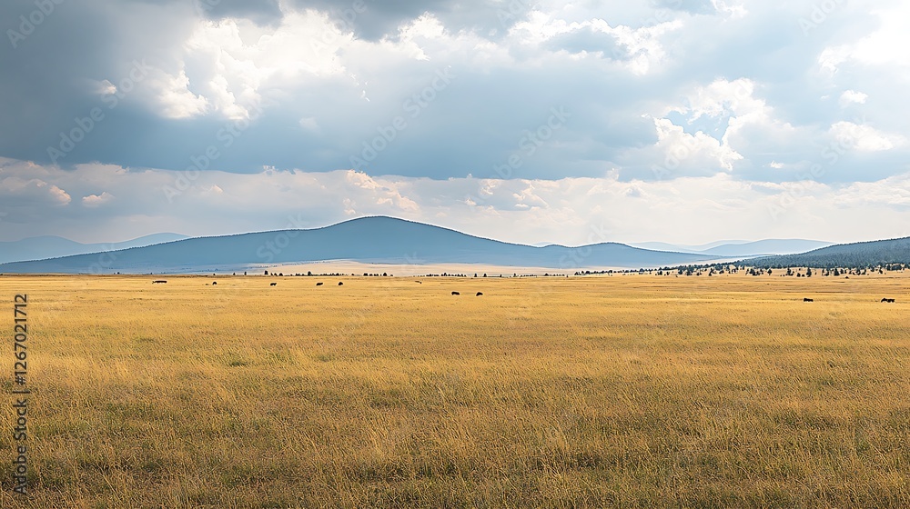 Fototapeta premium Golden Grasslands Under a Cloudy Sky and Distant Mountains