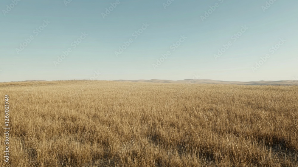 Golden grassland under a clear sky, vast plains background, nature scenery, perfect for travel brochures Golden grassland under a clear sky, vast plains background, nature scenery, perfect for travel brochures