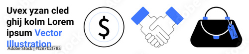 Handshake, dollar sign, and handbag symbolizing business deals, trade, commerce, and partnerships. Ideal for e-commerce, finance, negotiation teamwork retail agreement flat landing page banner