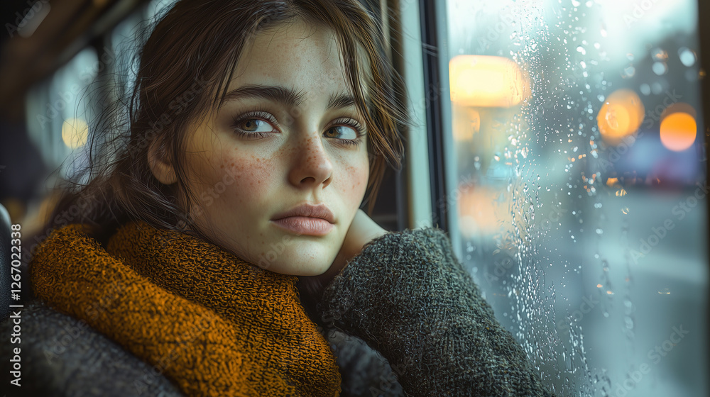 Urban solitude: Pensive moment as woman in mustard and grey scarf stares beyond rain-streaked glass, bokeh lights creating dreamy ambiance, commuting to work during bad weather