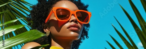 Close-up a Stylish Model with Bright Orange Sunglasses, Surrounded by Lush Greenery and a Bright Blue Sky, Summer Accessories and Bold Statement Eyewear. photo