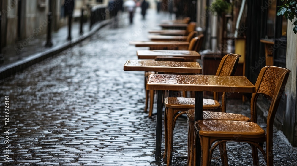 Cafe Tables and Chairs on Rain-soaked Cobblestones Cafe Tables and Chairs on Rain-soaked Cobblestones