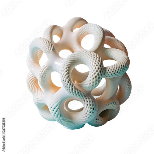 Abstract White Ceramic or Porcelain Sculpture with Looped and Twisted Organic Geometric Shapes in Modern Art Gallery Exhibition Space  isolated on Transparent Background.