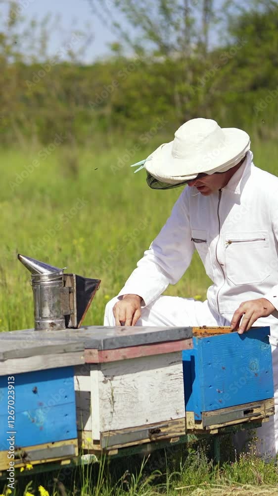 Beekeeper inspecting bees in summer. Many bees flying and bringing pollen on the apiary. Apiarist near wooden beehives on green nature background. Vertical video Beekeeper inspecting bees in summer. Many bees flying and bringing pollen on the apiary. Apiarist near wooden beehives on green nature background. Vertical video