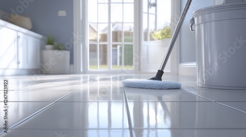 Cleaning floor mop kitchen home bright sunlight