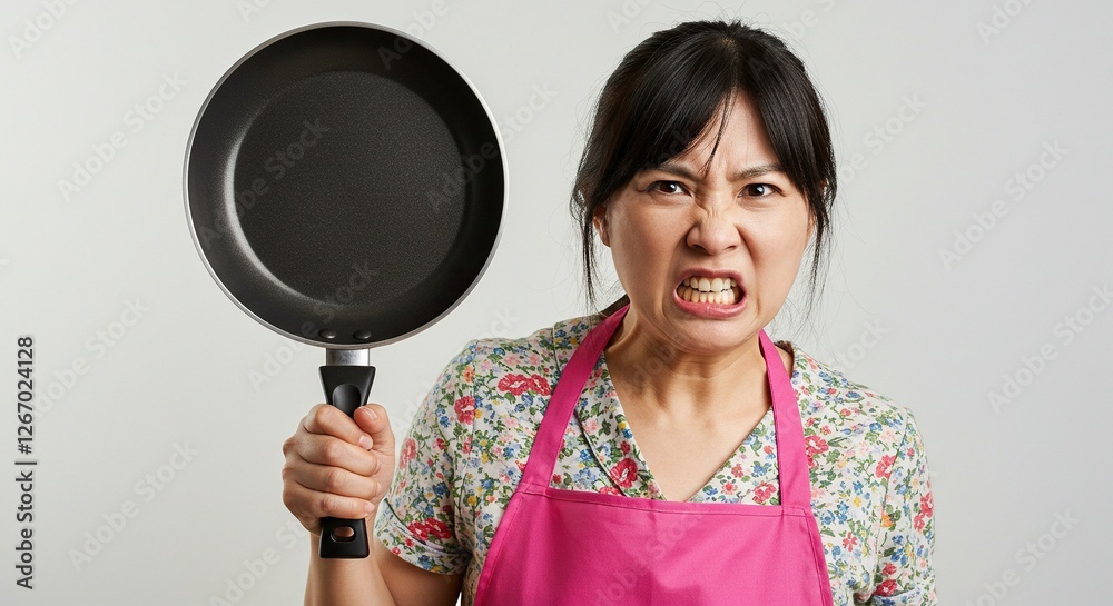 Angry Woman Holding Frying Pan with Furious Expression and Kitchen Apron Angry Woman Holding Frying Pan with Furious Expression and Kitchen Apron
