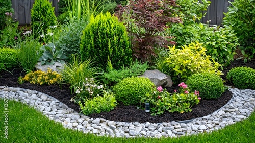 Lush garden landscaping design, backyard, flowers, shrubs, mulch