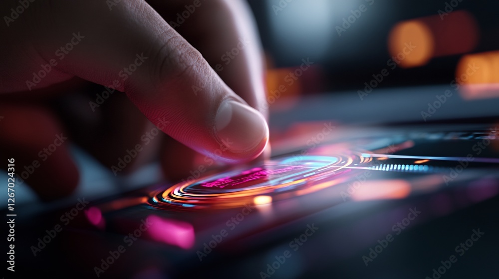 Futuristic Technology Interface: Fingertip Interaction with Neon Glow Futuristic Technology Interface: Fingertip Interaction with Neon Glow