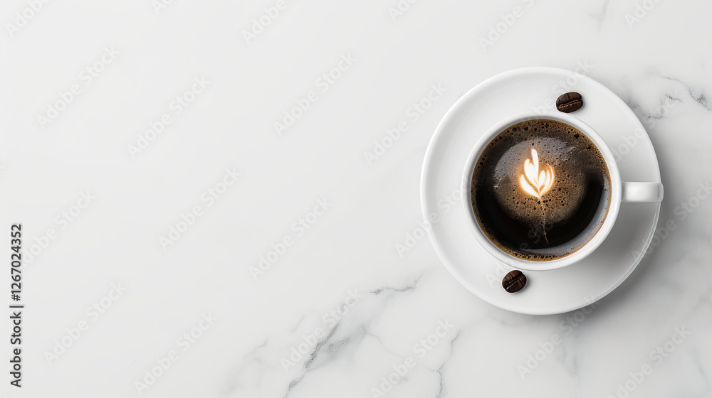Morning Coffee Ritual: A steaming cup of black coffee with delicate leaf art sits on a pristine white marble surface, promising a moment of quiet contemplation and energy. Morning Coffee Ritual: A steaming cup of black coffee with delicate leaf art sits on a pristine white marble surface, promising a moment of quiet contemplation and energy.