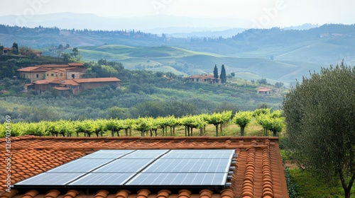 Solar panel installation overlooking scenic vineyard landscape