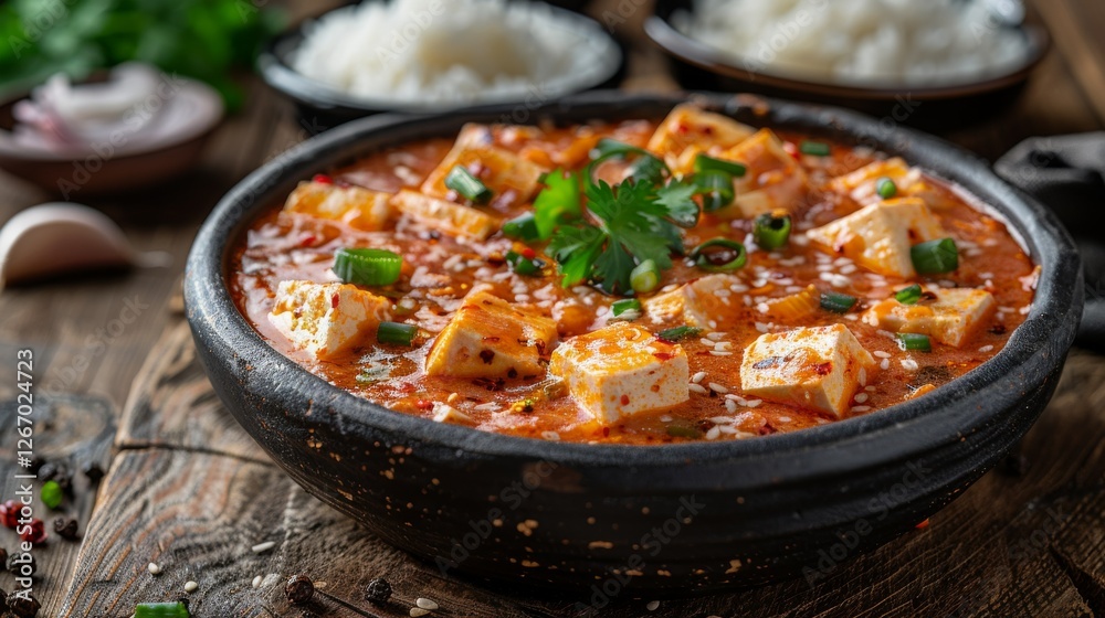 Mapo Tofu, with silky tofu cubes coated in a deep red spicy sauce, garnished with chopped scallions and Sichuan peppercorns, Mapo Tofu, with silky tofu cubes coated in a deep red spicy sauce, garnished with chopped scallions and Sichuan peppercorns,