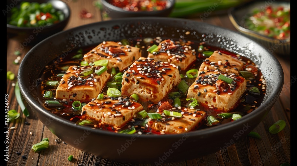 Mapo Tofu, with silky tofu cubes coated in a deep red spicy sauce, garnished with chopped scallions and Sichuan peppercorns, Mapo Tofu, with silky tofu cubes coated in a deep red spicy sauce, garnished with chopped scallions and Sichuan peppercorns,