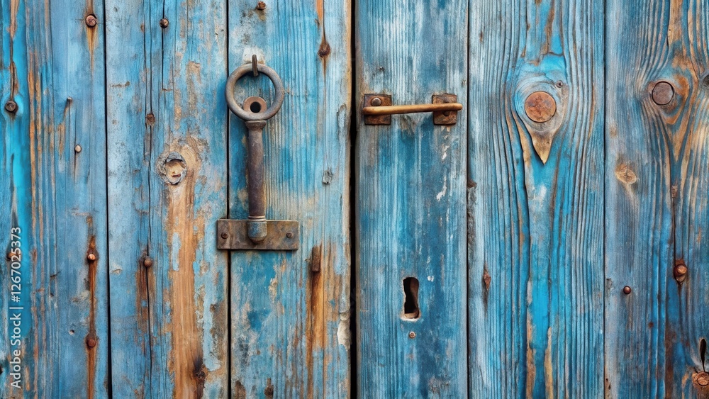 Rustic Weathered Blue Wooden Door with Antique Latch and Keyhole Rustic Weathered Blue Wooden Door with Antique Latch and Keyhole