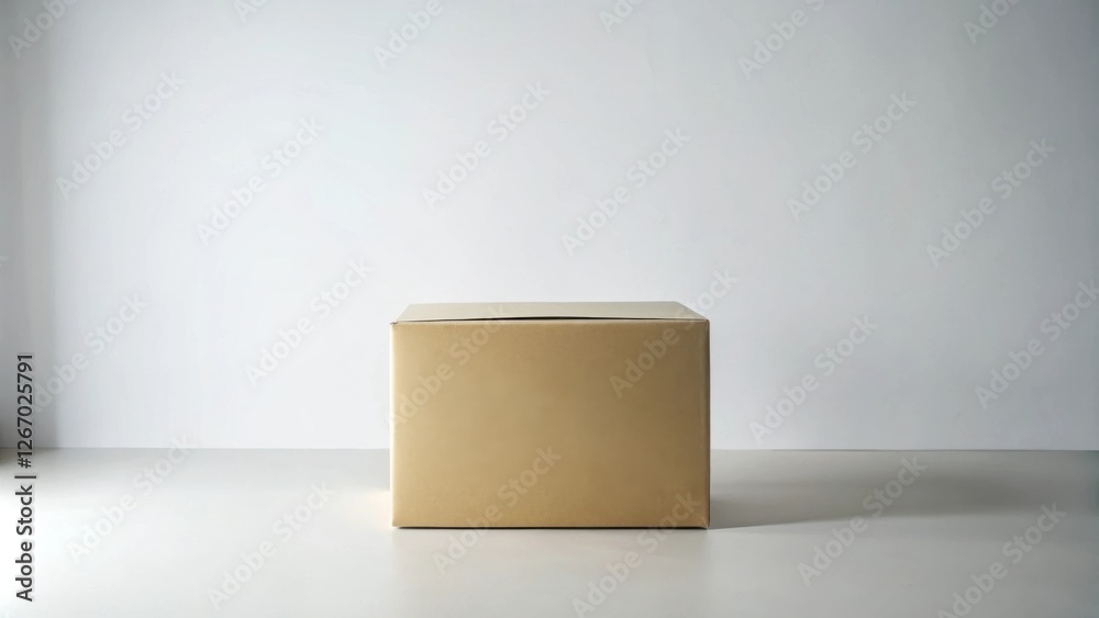 A simple brown cardboard box sits on a plain white surface against a white backdrop A simple brown cardboard box sits on a plain white surface against a white backdrop