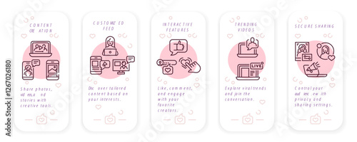 Social media icons. Set of 5 social media icons. Content creation, customized feed, interactive features, trending video. Infographic for mobile app, digital marketing. Vector illustration
