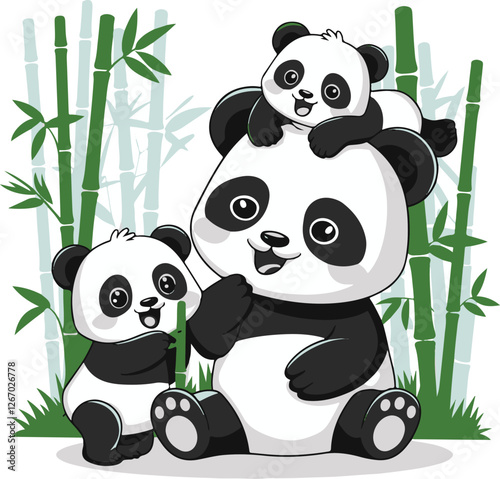 A vector illustration of panda family in a bamboo 