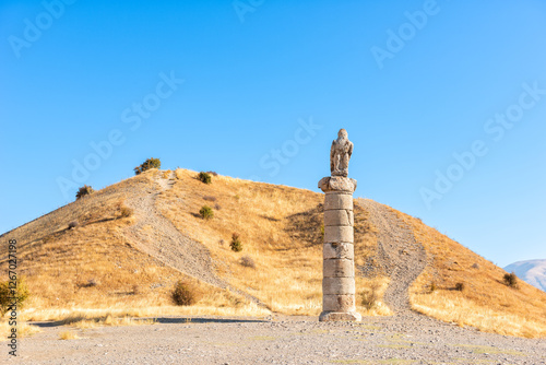 Eagle statue on the southern pillar in front of the Karakus Tumulus, memorial grave of the Commagene Royal Family, close to Adiyaman, Turkey,