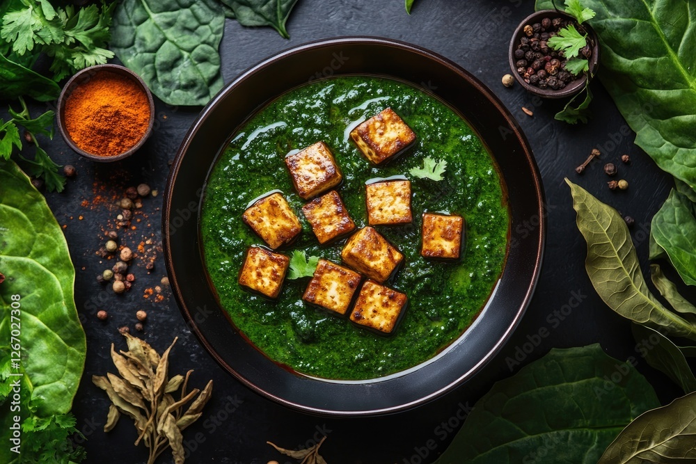 Palak Paneer, Indian Spinach Curry, overhead shot, dark background, recipe Palak Paneer, Indian Spinach Curry, overhead shot, dark background, recipe