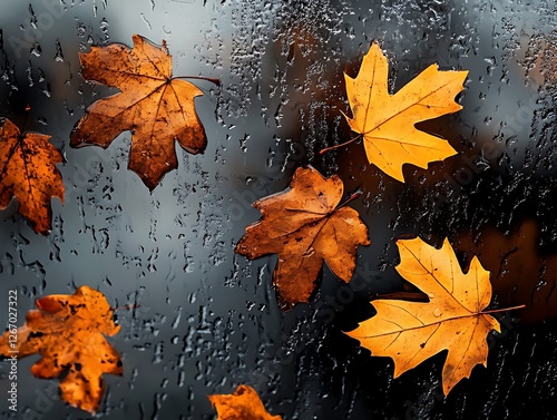 Abstract Fall Leaves Sticking to a Rain-Covered Glass Window, Vibrant Autumn Foliage in Red, Orange, and Yellow with Blurred Background and Water Droplets for a Cozy Seasonal Mood