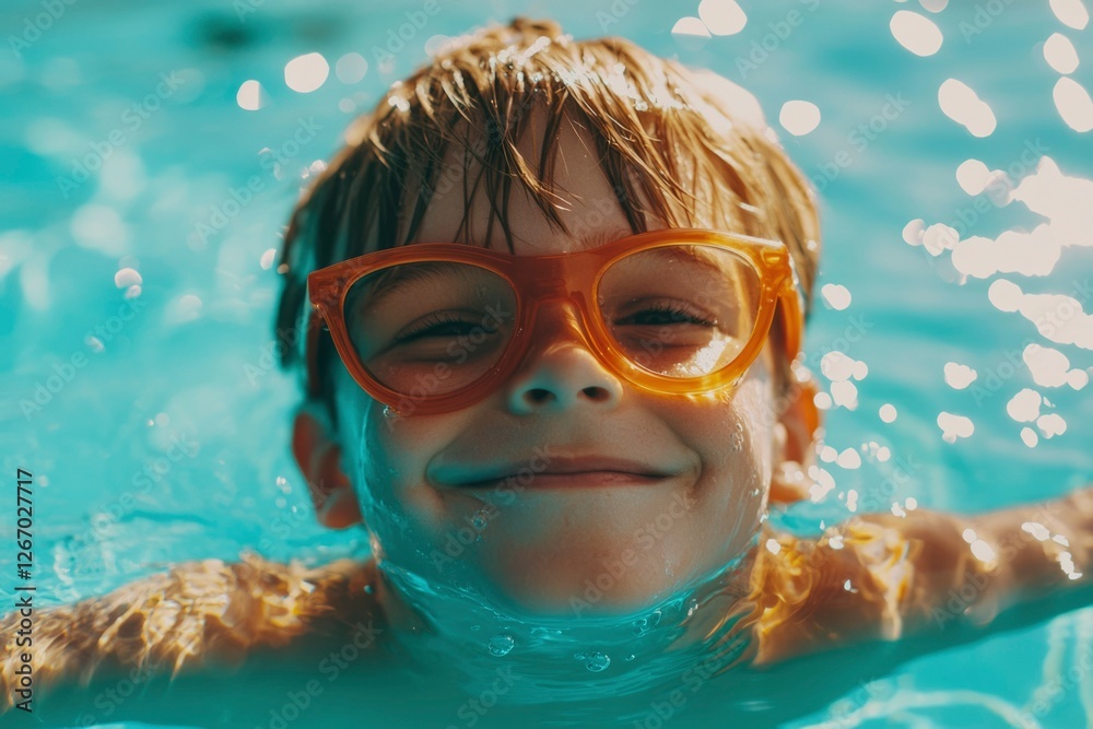 Naklejka premium Child smiles swimming at pool wearing goggles having fun on summer vacation