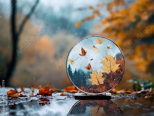 Abstract Fall Leaves Sticking to a Rain-Covered Glass Window, Vibrant Autumn Foliage in Red, Orange, and Yellow with Blurred Background and Water Droplets for a Cozy Seasonal Mood