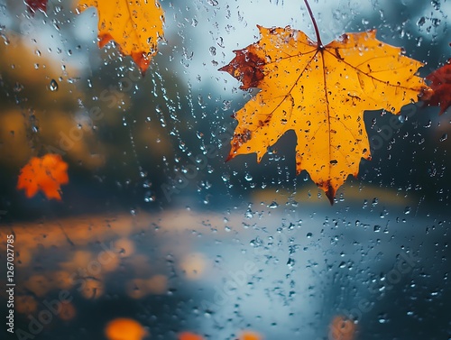 Abstract Fall Leaves Sticking to a Rain-Covered Glass Window, Vibrant Autumn Foliage in Red, Orange, and Yellow with Blurred Background and Water Droplets for a Cozy Seasonal Mood