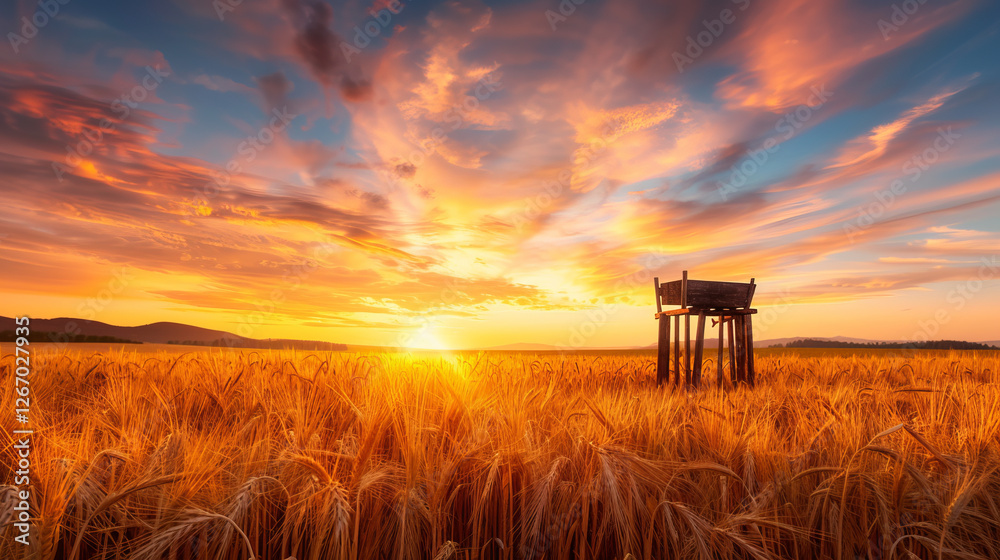 Golden Hour in Wheat Field: A breathtaking sunset paints the sky with vibrant hues of orange and purple, casting a golden glow over a vast wheat field. Golden Hour in Wheat Field: A breathtaking sunset paints the sky with vibrant hues of orange and purple, casting a golden glow over a vast wheat field.