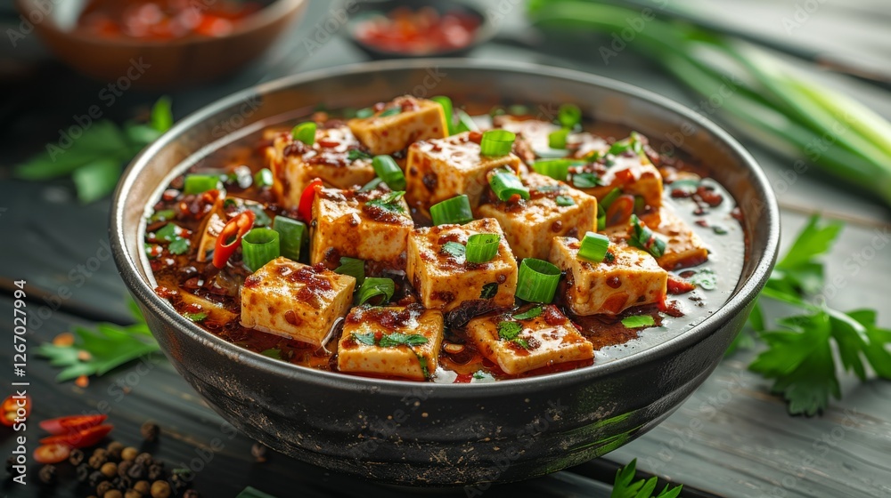 Mapo Tofu, with silky tofu cubes coated in a deep red spicy sauce, garnished with chopped scallions and Sichuan peppercorns, Mapo Tofu, with silky tofu cubes coated in a deep red spicy sauce, garnished with chopped scallions and Sichuan peppercorns,