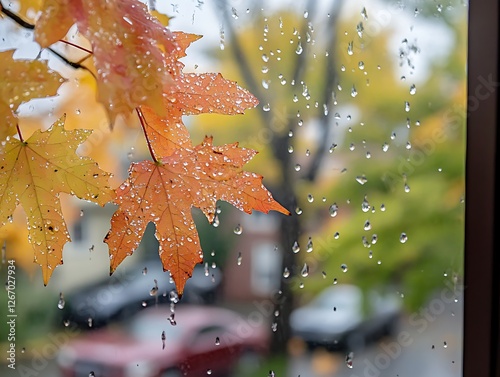Abstract Fall Leaves Sticking to a Rain-Covered Glass Window, Vibrant Autumn Foliage in Red, Orange, and Yellow with Blurred Background and Water Droplets for a Cozy Seasonal Mood