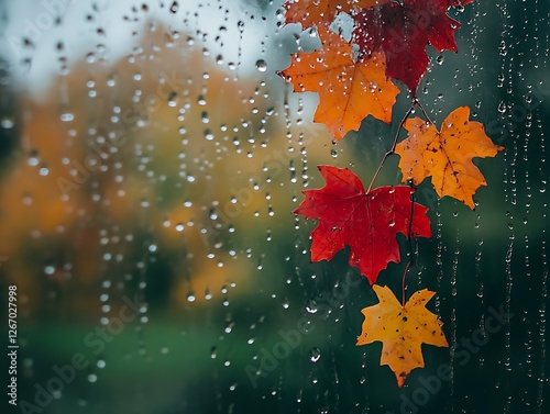 Abstract Fall Leaves Sticking to a Rain-Covered Glass Window, Vibrant Autumn Foliage in Red, Orange, and Yellow with Blurred Background and Water Droplets for a Cozy Seasonal Mood