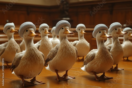 Ducks wearing hats standing on wooden floor