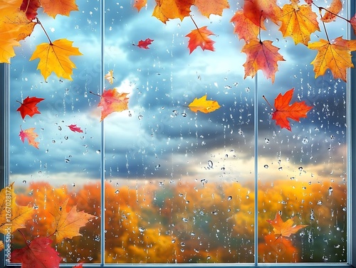Abstract Fall Leaves Sticking to a Rain-Covered Glass Window, Vibrant Autumn Foliage in Red, Orange, and Yellow with Blurred Background and Water Droplets for a Cozy Seasonal Mood