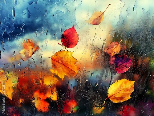 Abstract Fall Leaves Sticking to a Rain-Covered Glass Window, Vibrant Autumn Foliage in Red, Orange, and Yellow with Blurred Background and Water Droplets for a Cozy Seasonal Mood