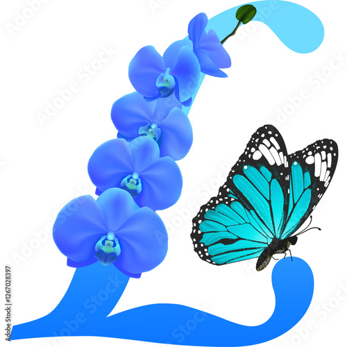 Blue letter L with orchid and butterfly on  transparent background; PNG
